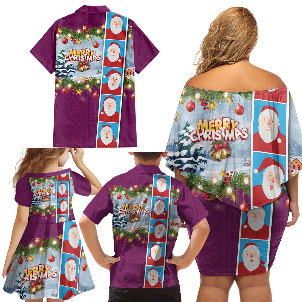 Merry Christmas Family Matching Off Shoulder Short Dress and Hawaiian Shirt Funny Santa Claus Cards Photo and Polynesian Pattern Pink Color LT03 - Polynesian Pride