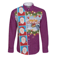 Merry Christmas Family Matching Off Shoulder Short Dress and Hawaiian Shirt Funny Santa Claus Cards Photo and Polynesian Pattern Pink Color LT03 Dad's Shirt - Long Sleeve Pink - Polynesian Pride