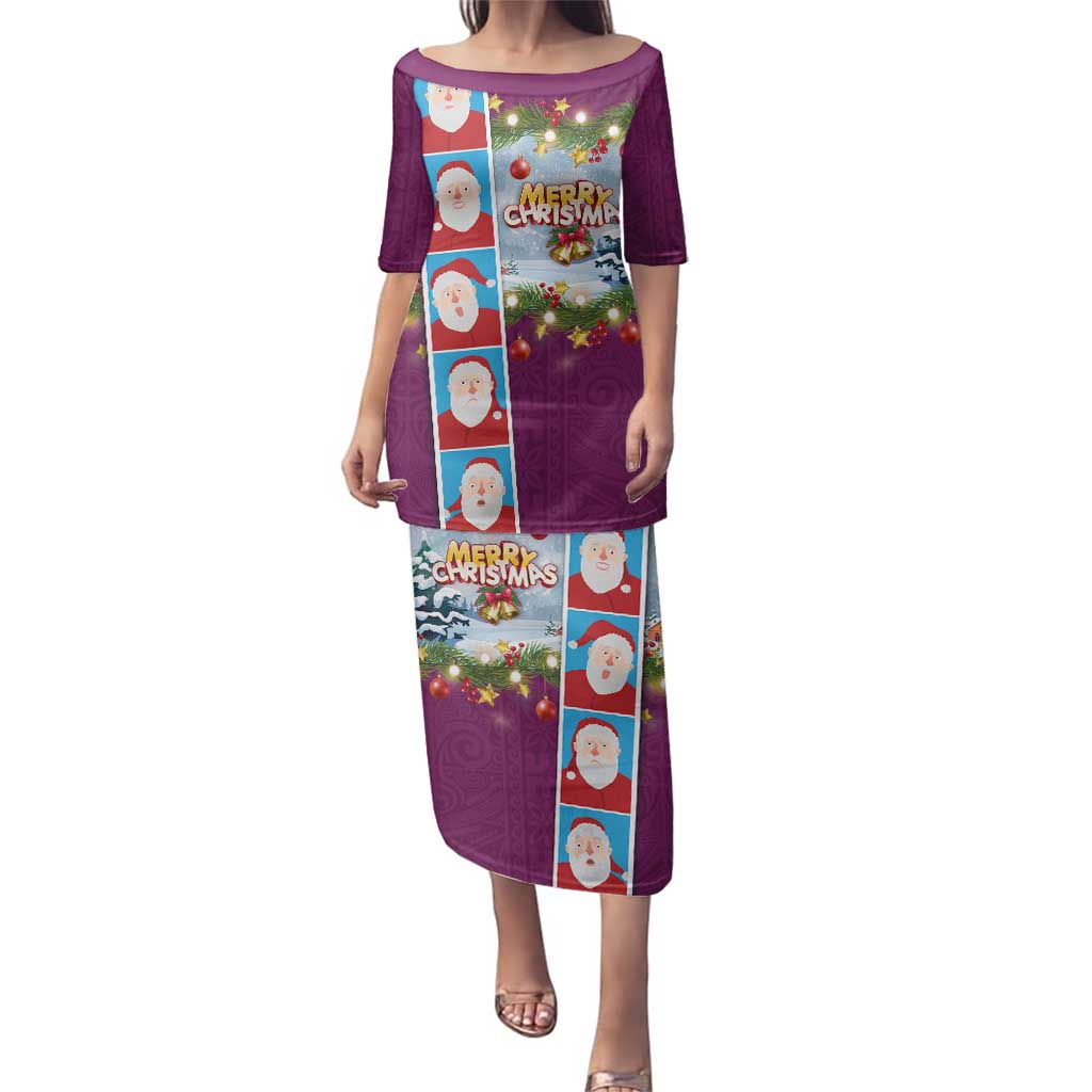 Merry Christmas Family Matching Puletasi and Hawaiian Shirt Funny Santa Claus Cards Photo and Polynesian Pattern Pink Color LT03 Mom's Dress Pink - Polynesian Pride