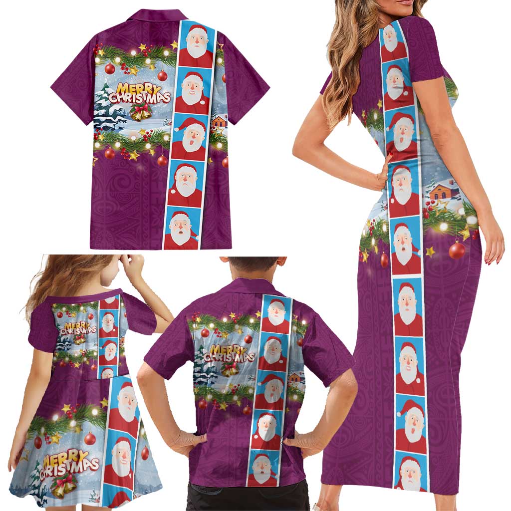 Merry Christmas Family Matching Short Sleeve Bodycon Dress and Hawaiian Shirt Funny Santa Claus Cards Photo and Polynesian Pattern Pink Color LT03 - Polynesian Pride