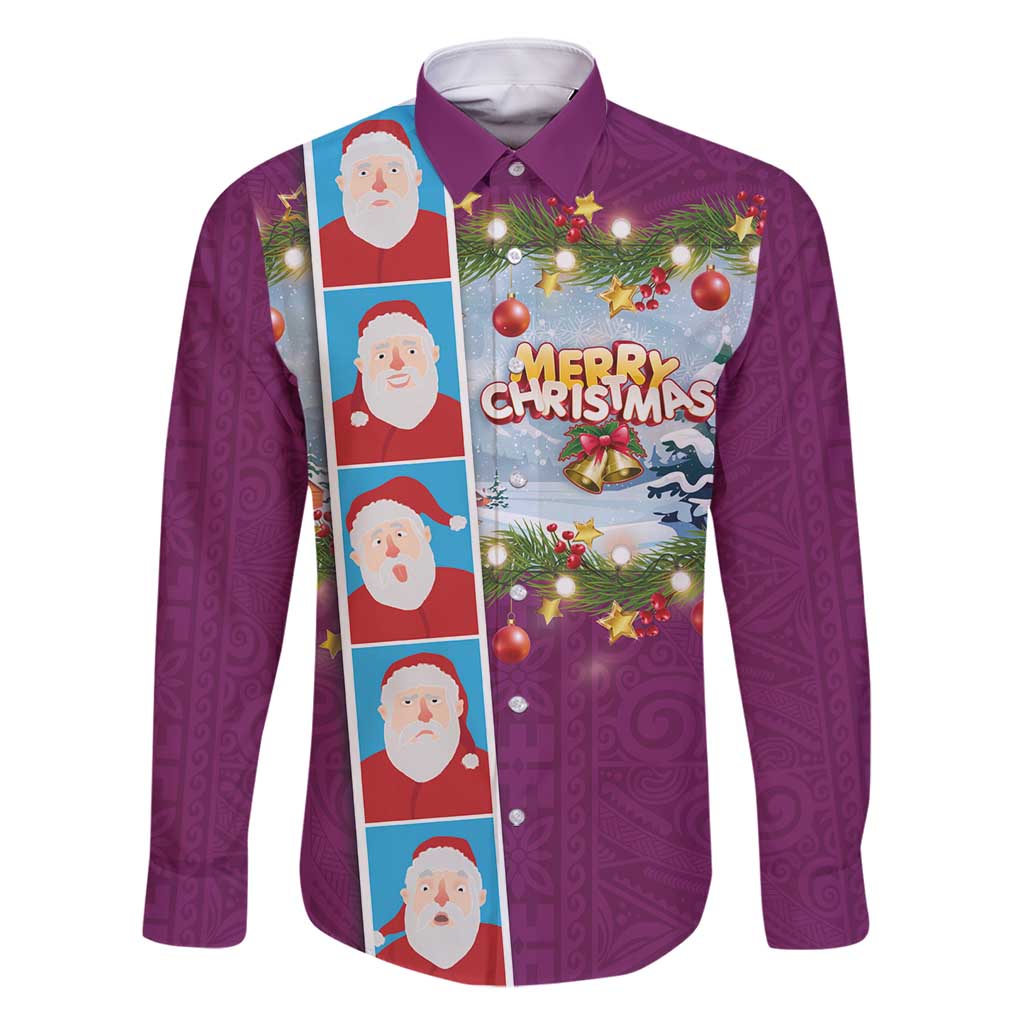 Merry Christmas Family Matching Summer Maxi Dress and Hawaiian Shirt Funny Santa Claus Cards Photo and Polynesian Pattern Pink Color LT03 Dad's Shirt - Long Sleeve Pink - Polynesian Pride