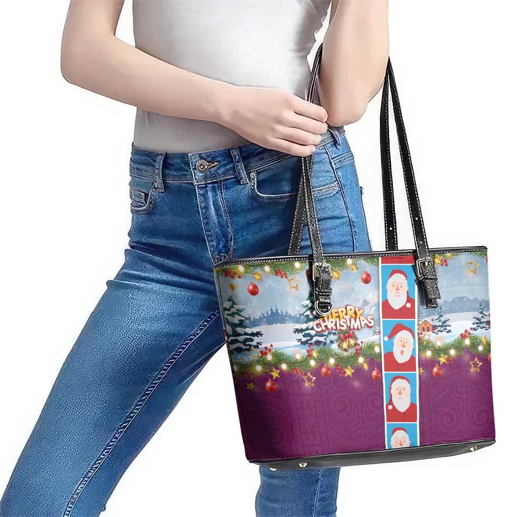 Merry Christmas Leather Tote Bag Funny Santa Claus Cards Photo and Polynesian Pattern Pink Color LT03 - Polynesian Pride