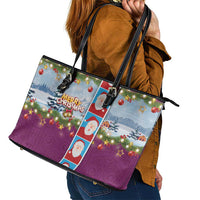 Merry Christmas Leather Tote Bag Funny Santa Claus Cards Photo and Polynesian Pattern Pink Color LT03 - Polynesian Pride