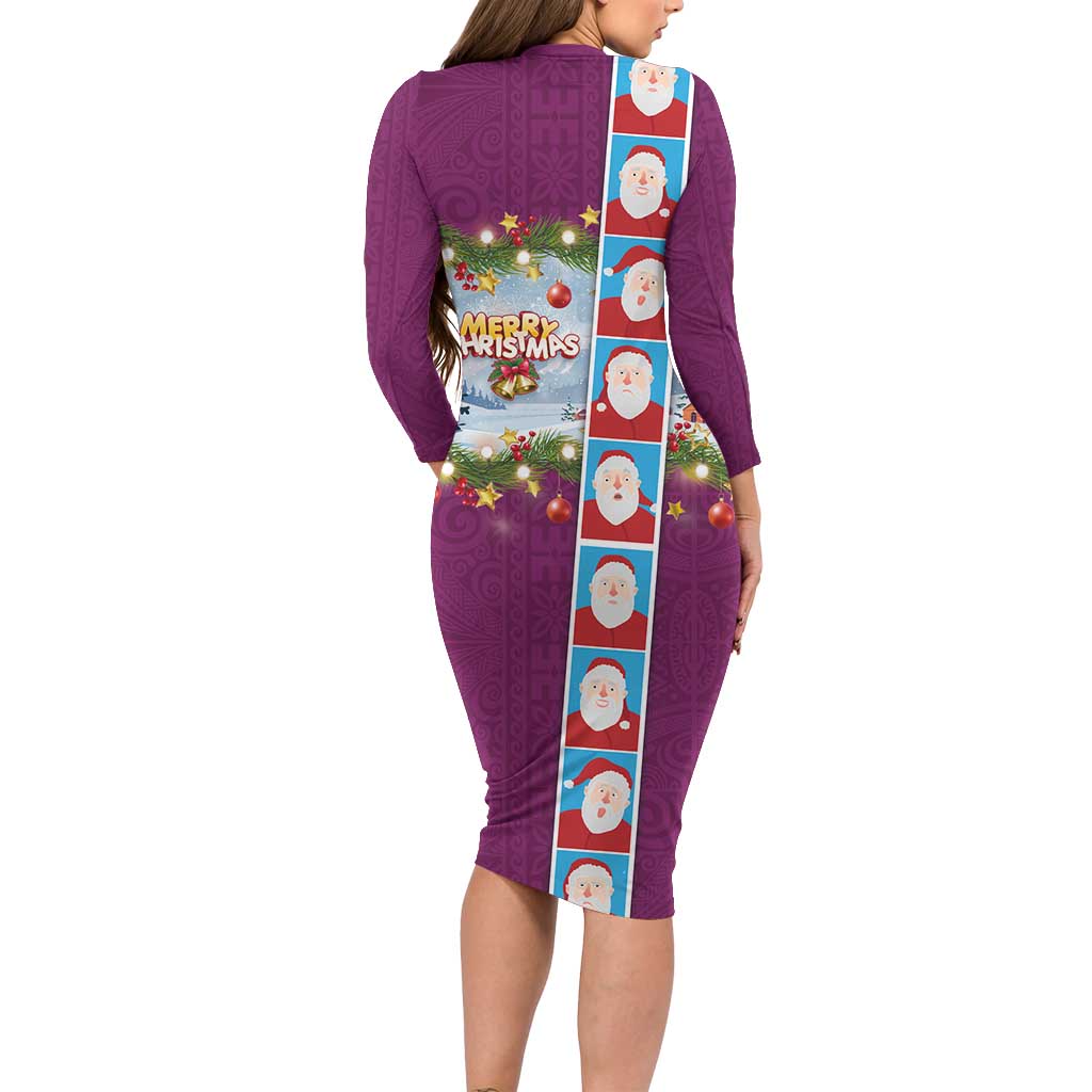 Merry Christmas Long Sleeve Bodycon Dress Funny Santa Claus Cards Photo and Polynesian Pattern Pink Color LT03 - Polynesian Pride