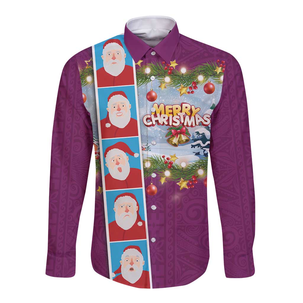 Merry Christmas Long Sleeve Button Shirt Funny Santa Claus Cards Photo and Polynesian Pattern Pink Color LT03 Unisex Pink - Polynesian Pride
