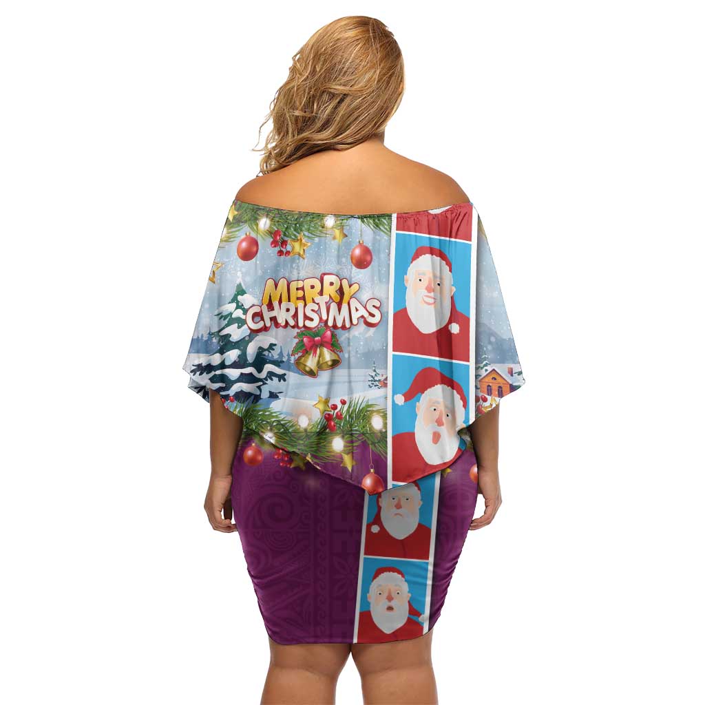 Merry Christmas Off Shoulder Short Dress Funny Santa Claus Cards Photo and Polynesian Pattern Pink Color LT03 - Polynesian Pride