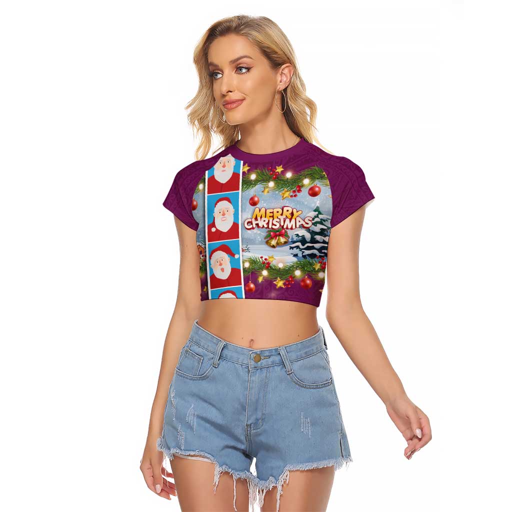 Merry Christmas Raglan Cropped T Shirt Funny Santa Claus Cards Photo and Polynesian Pattern Pink Color LT03 Female Pink - Polynesian Pride