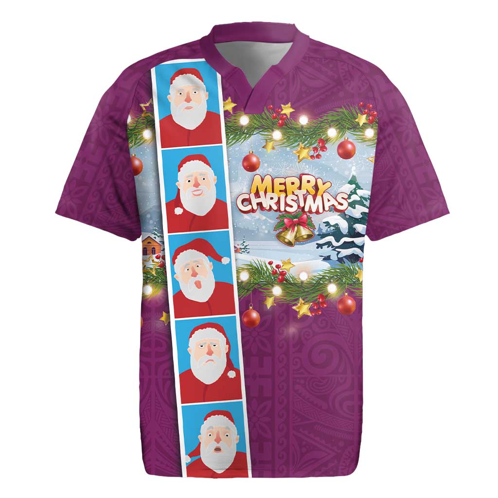 Merry Christmas Rugby Jersey Funny Santa Claus Cards Photo and Polynesian Pattern Pink Color