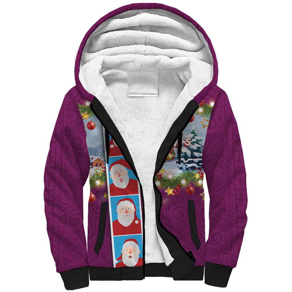Merry Christmas Sherpa Hoodie Funny Santa Claus Cards Photo and Polynesian Pattern Pink Color LT03 Unisex Pink - Polynesian Pride