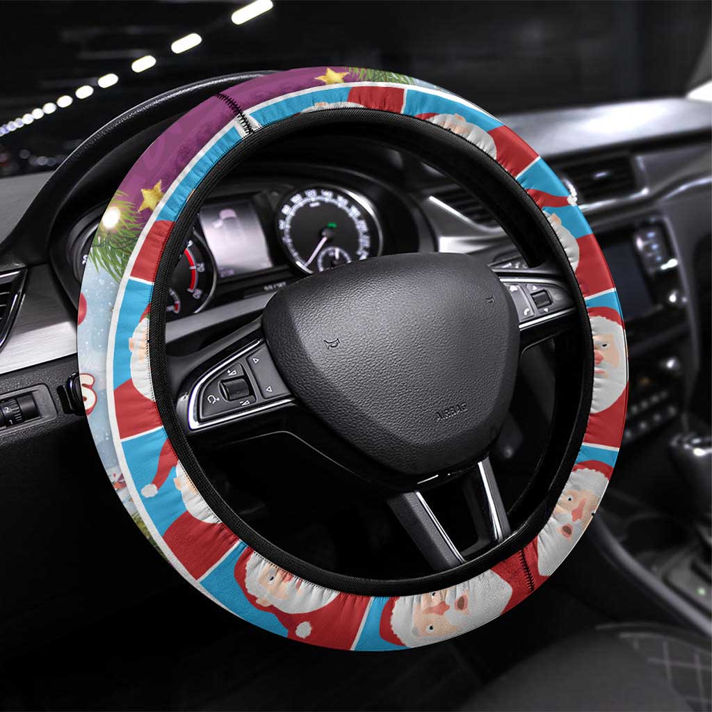Merry Christmas Steering Wheel Cover Funny Santa Claus Cards Photo and Polynesian Pattern Pink Color LT03 Universal Fit Pink - Polynesian Pride