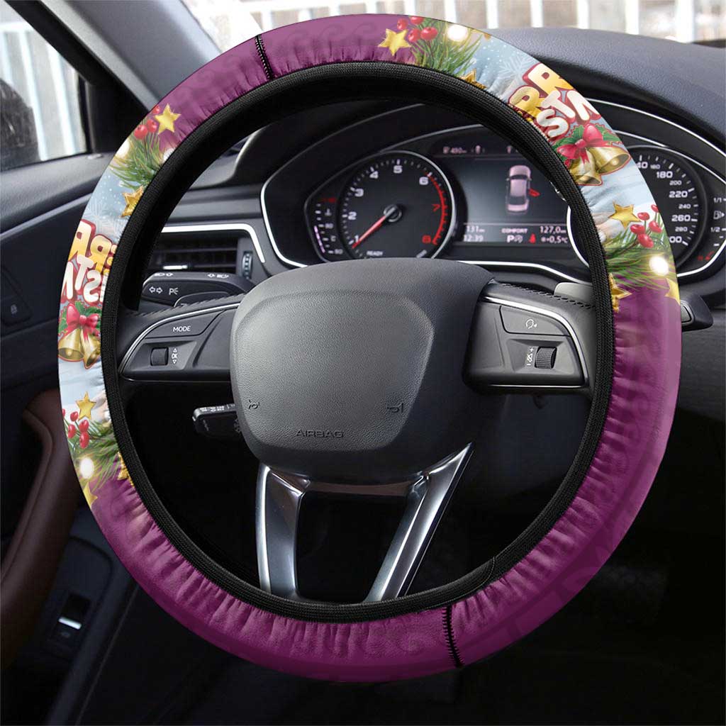 Merry Christmas Steering Wheel Cover Funny Santa Claus Cards Photo and Polynesian Pattern Pink Color LT03 - Polynesian Pride