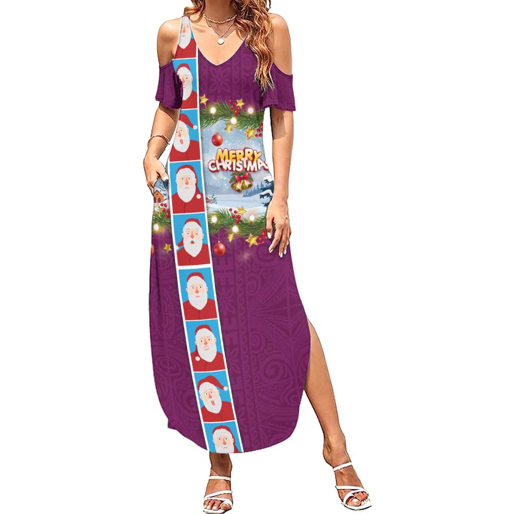 Merry Christmas Summer Maxi Dress Funny Santa Claus Cards Photo and Polynesian Pattern Pink Color LT03 Women Pink - Polynesian Pride
