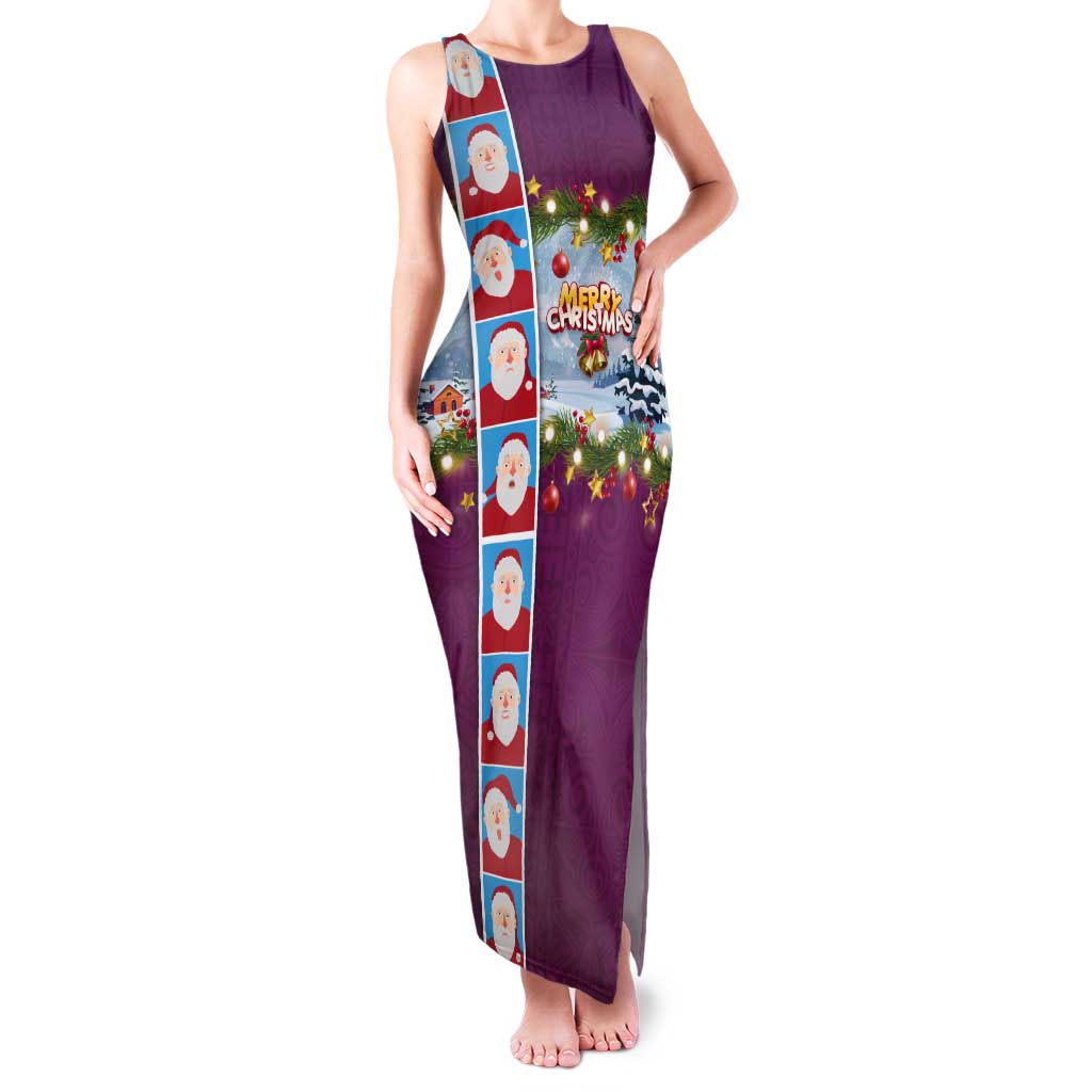 Merry Christmas Tank Maxi Dress Funny Santa Claus Cards Photo and Polynesian Pattern Pink Color LT03 Women Pink - Polynesian Pride
