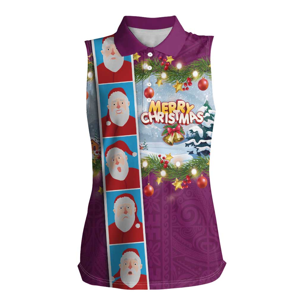 Merry Christmas Women Sleeveless Polo Shirt Funny Santa Claus Cards Photo and Polynesian Pattern Pink Color LT03 Female Pink - Polynesian Pride