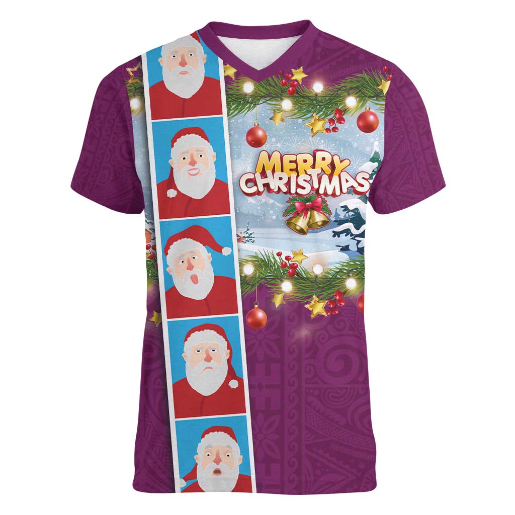 Merry Christmas Women V-Neck T-Shirt Funny Santa Claus Cards Photo and Polynesian Pattern Pink Color LT03 Female Pink - Polynesian Pride