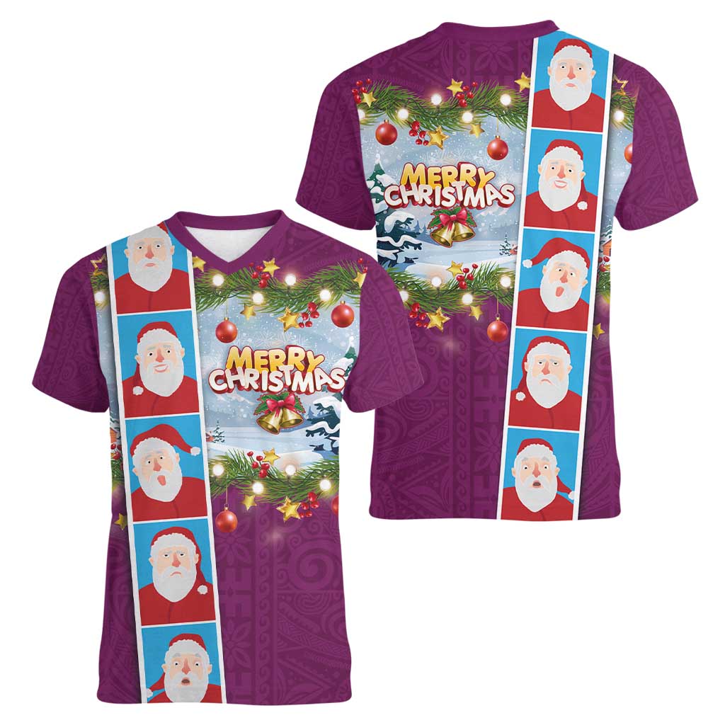 Merry Christmas Women V-Neck T-Shirt Funny Santa Claus Cards Photo and Polynesian Pattern Pink Color LT03 - Polynesian Pride