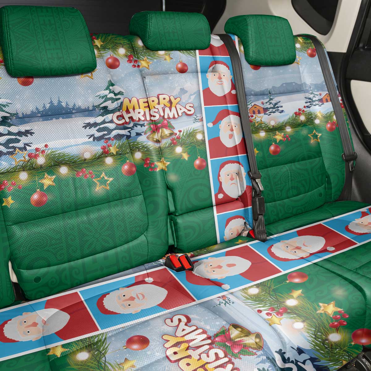 Merry Christmas Back Car Seat Cover Funny Santa Claus Cards Photo and Polynesian Pattern Green Color LT03 - Polynesian Pride