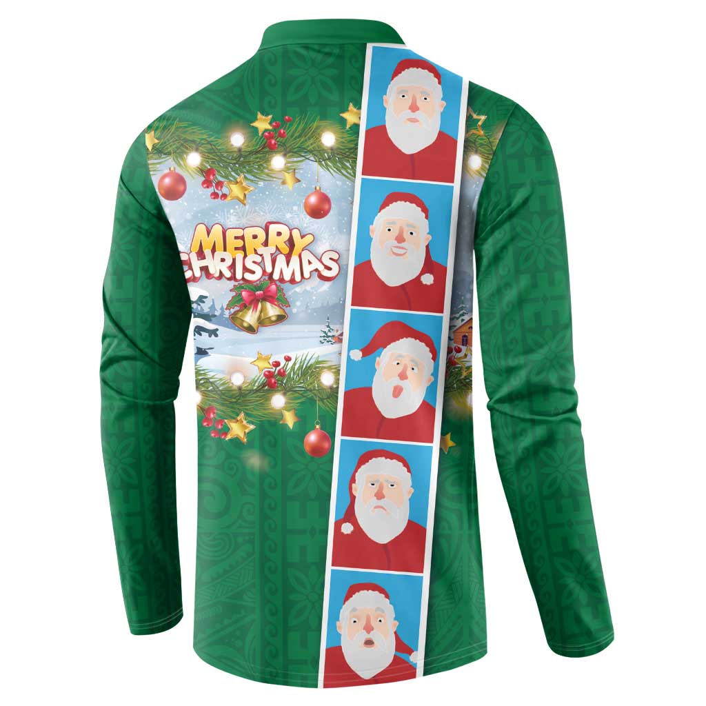 Merry Christmas Button Sweatshirt Funny Santa Claus Cards Photo and Polynesian Pattern Green Color