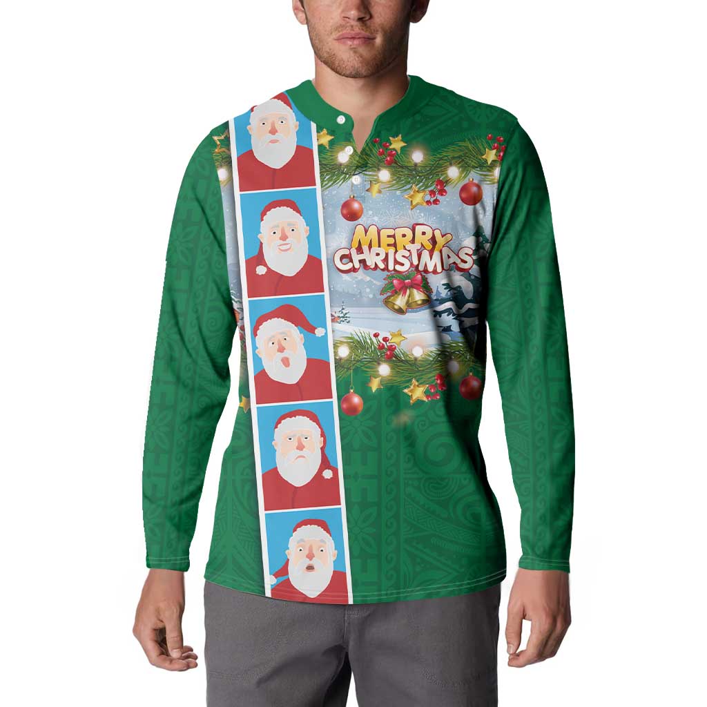 Merry Christmas Button Sweatshirt Funny Santa Claus Cards Photo and Polynesian Pattern Green Color