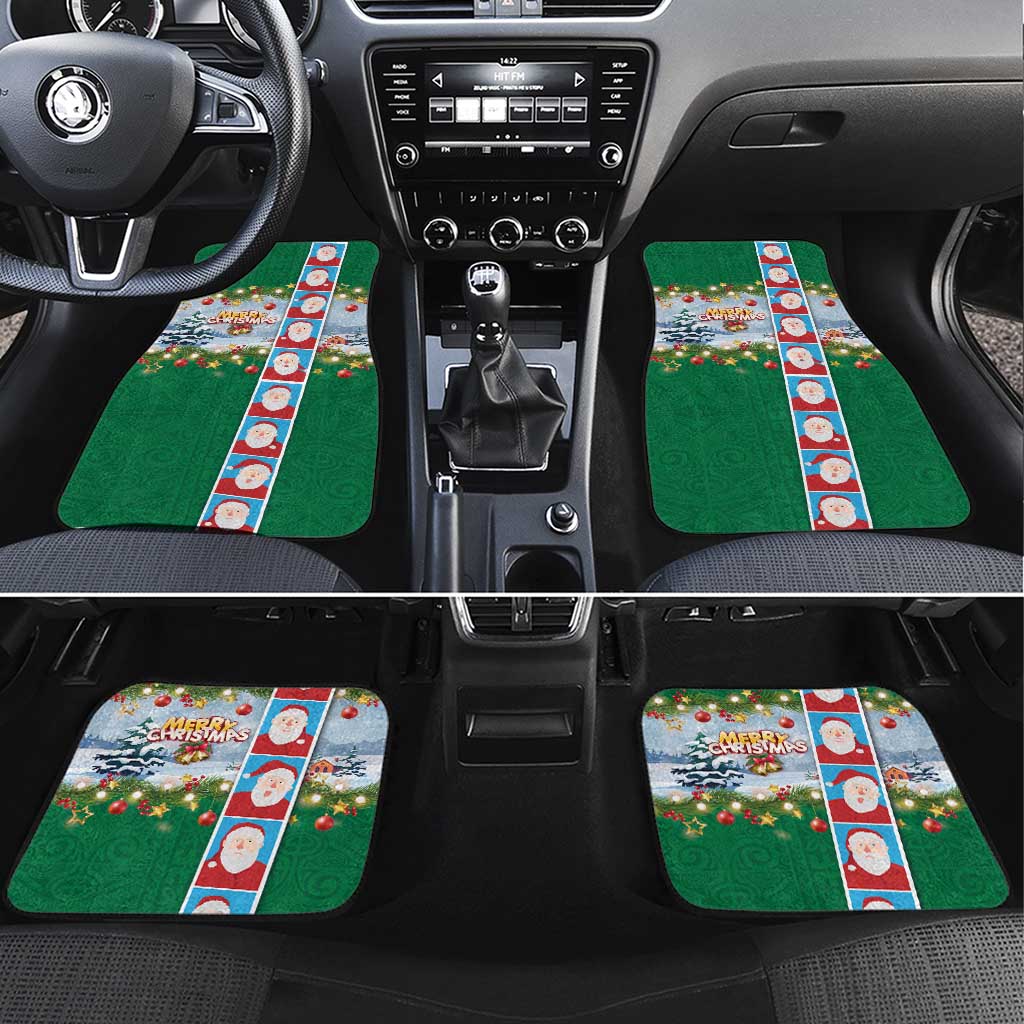 Merry Christmas Car Mats Funny Santa Claus Cards Photo and Polynesian Pattern Green Color LT03 Set 4pcs Green - Polynesian Pride