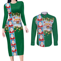 Merry Christmas Couples Matching Long Sleeve Bodycon Dress and Long Sleeve Button Shirt Funny Santa Claus Cards Photo and Polynesian Pattern Green Color LT03 Green - Polynesian Pride