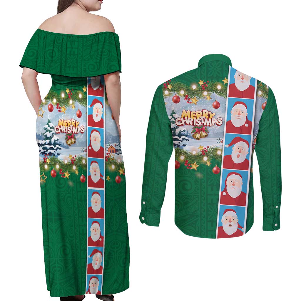 Merry Christmas Couples Matching Off Shoulder Maxi Dress and Long Sleeve Button Shirt Funny Santa Claus Cards Photo and Polynesian Pattern Green Color LT03 - Polynesian Pride