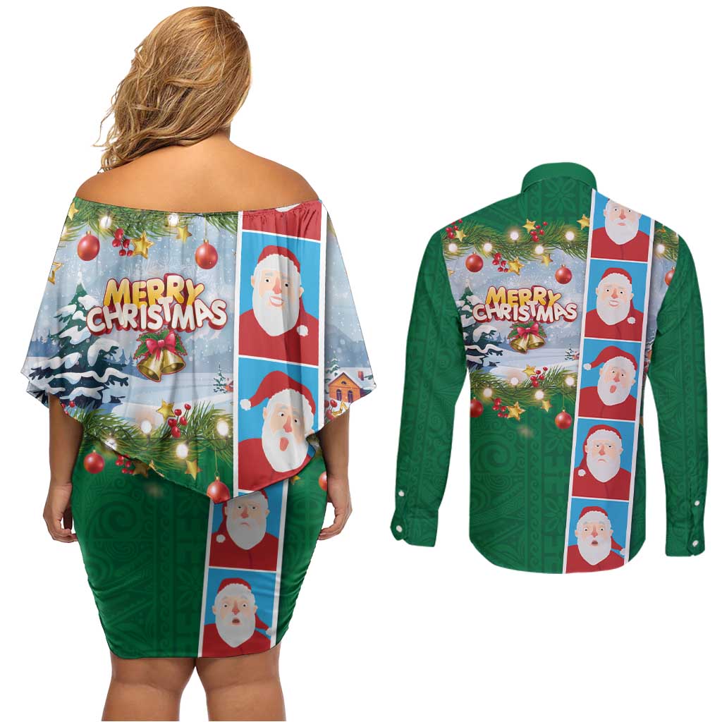 Merry Christmas Couples Matching Off Shoulder Short Dress and Long Sleeve Button Shirt Funny Santa Claus Cards Photo and Polynesian Pattern Green Color LT03 - Polynesian Pride