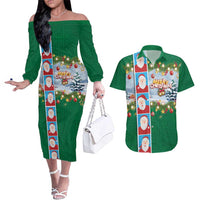 Merry Christmas Couples Matching Off The Shoulder Long Sleeve Dress and Hawaiian Shirt Funny Santa Claus Cards Photo and Polynesian Pattern Green Color LT03 Green - Polynesian Pride