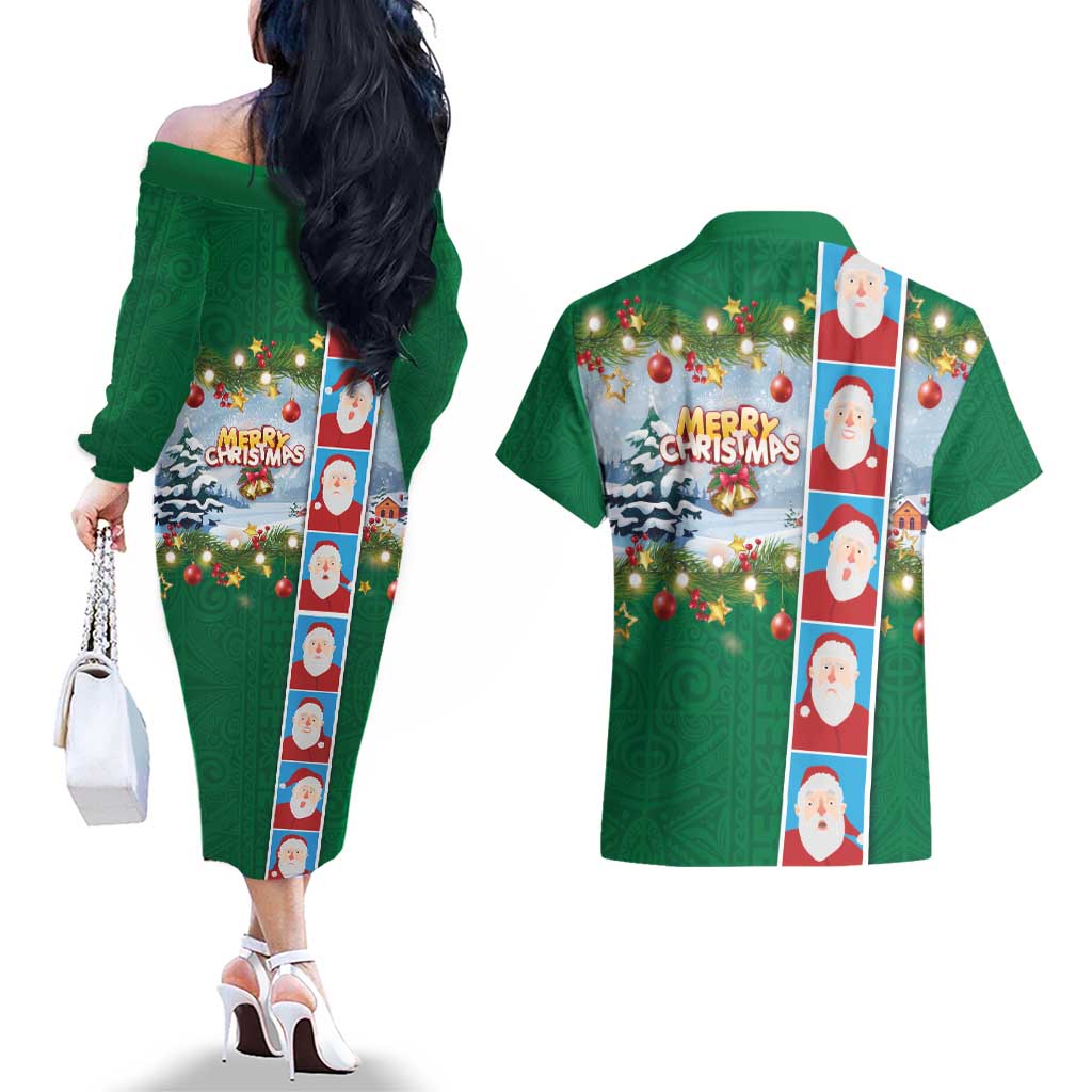 Merry Christmas Couples Matching Off The Shoulder Long Sleeve Dress and Hawaiian Shirt Funny Santa Claus Cards Photo and Polynesian Pattern Green Color LT03 - Polynesian Pride