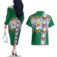 Merry Christmas Couples Matching Off The Shoulder Long Sleeve Dress and Hawaiian Shirt Funny Santa Claus Cards Photo and Polynesian Pattern Green Color LT03 - Polynesian Pride