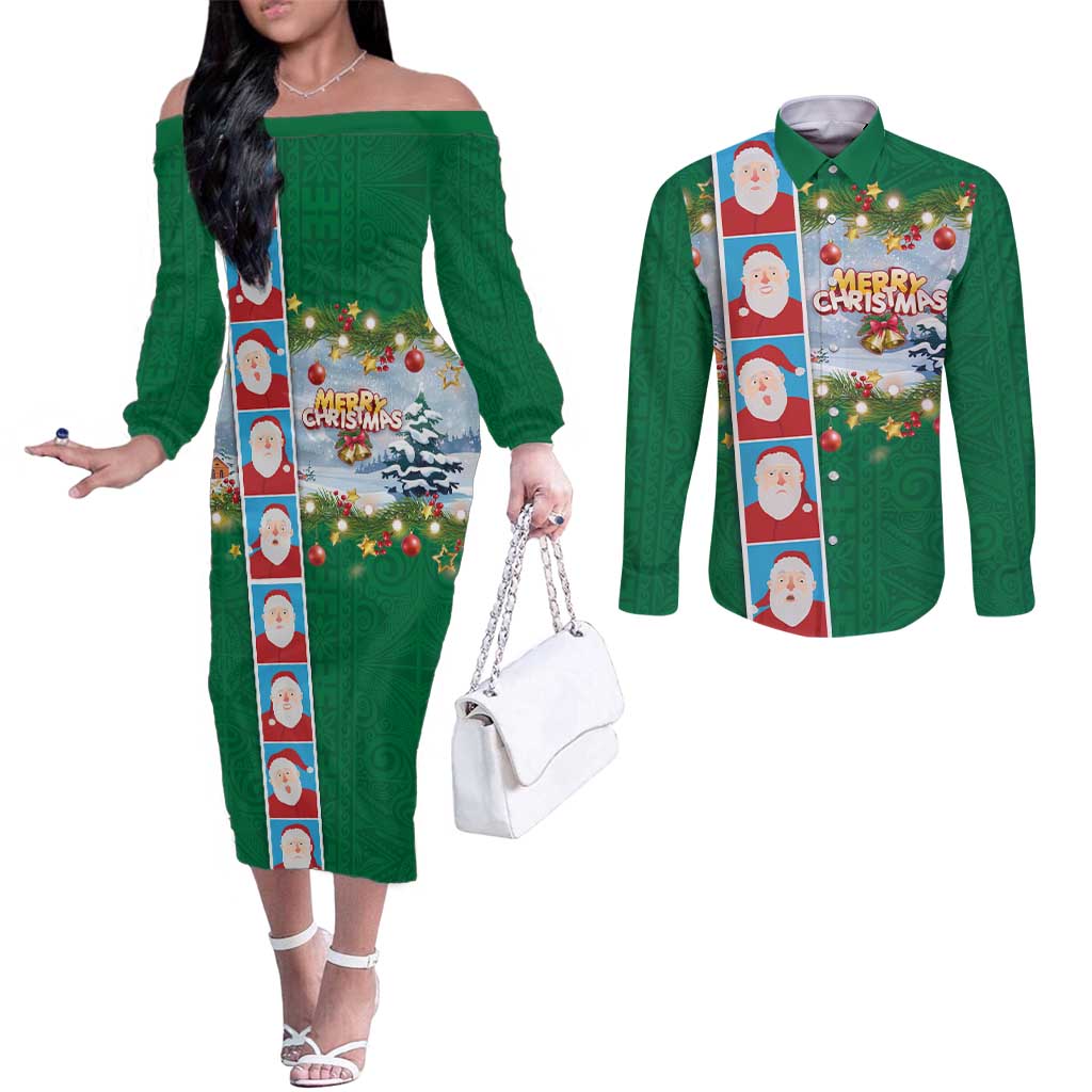 Merry Christmas Couples Matching Off The Shoulder Long Sleeve Dress and Long Sleeve Button Shirt Funny Santa Claus Cards Photo and Polynesian Pattern Green Color LT03 Green - Polynesian Pride