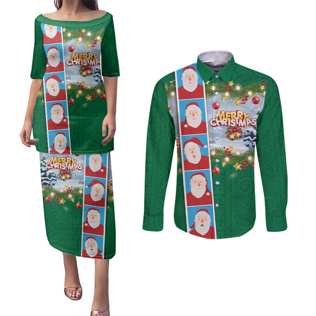 Merry Christmas Couples Matching Puletasi and Long Sleeve Button Shirt Funny Santa Claus Cards Photo and Polynesian Pattern Green Color LT03 Green - Polynesian Pride