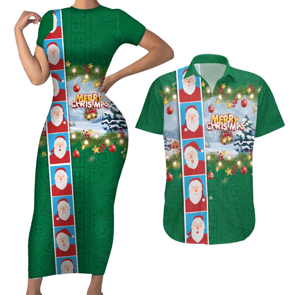 Merry Christmas Couples Matching Short Sleeve Bodycon Dress and Hawaiian Shirt Funny Santa Claus Cards Photo and Polynesian Pattern Green Color LT03 Green - Polynesian Pride