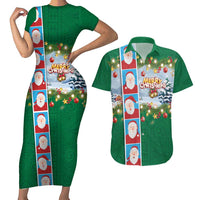 Merry Christmas Couples Matching Short Sleeve Bodycon Dress and Hawaiian Shirt Funny Santa Claus Cards Photo and Polynesian Pattern Green Color LT03 Green - Polynesian Pride
