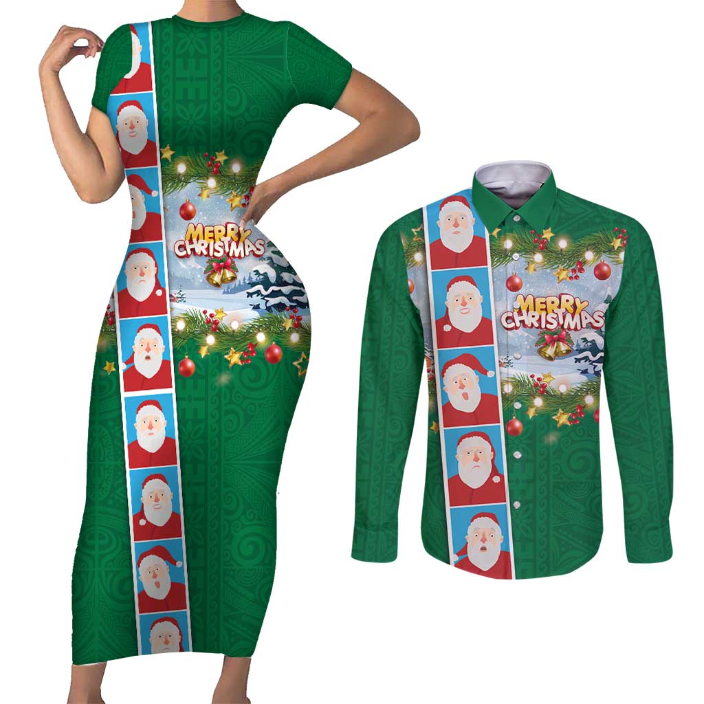 Merry Christmas Couples Matching Short Sleeve Bodycon Dress and Long Sleeve Button Shirt Funny Santa Claus Cards Photo and Polynesian Pattern Green Color LT03 Green - Polynesian Pride