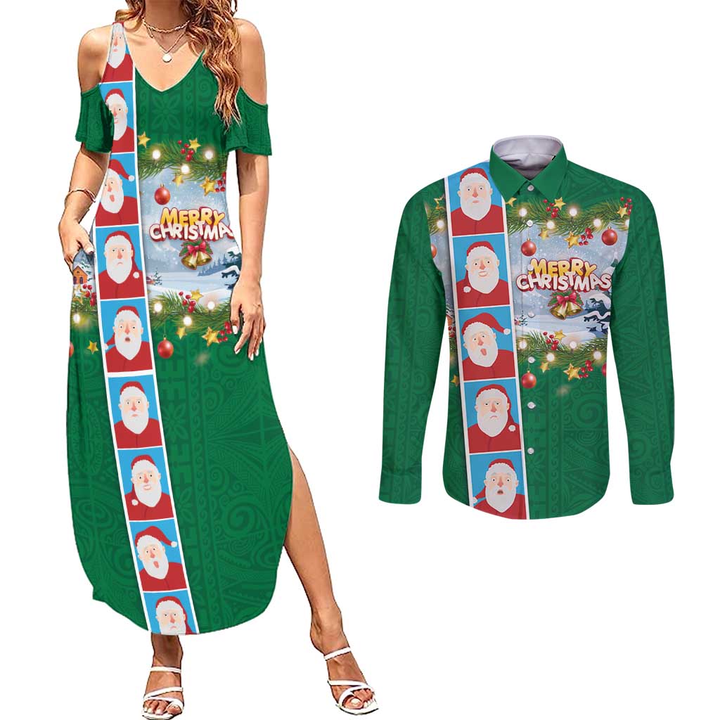 Merry Christmas Couples Matching Summer Maxi Dress and Long Sleeve Button Shirt Funny Santa Claus Cards Photo and Polynesian Pattern Green Color LT03 Green - Polynesian Pride