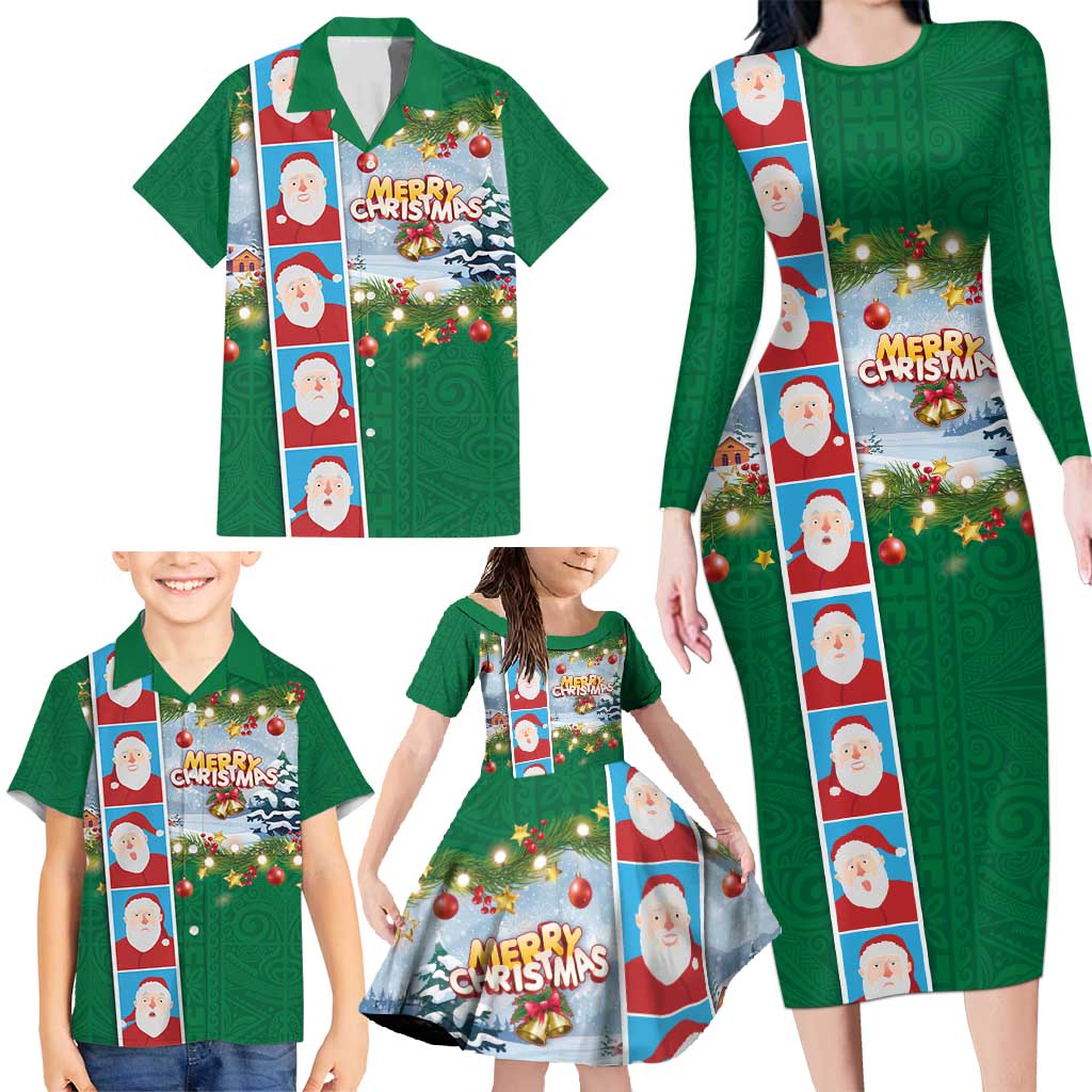 Merry Christmas Family Matching Long Sleeve Bodycon Dress and Hawaiian Shirt Funny Santa Claus Cards Photo and Polynesian Pattern Green Color LT03 - Polynesian Pride