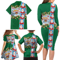Merry Christmas Family Matching Long Sleeve Bodycon Dress and Hawaiian Shirt Funny Santa Claus Cards Photo and Polynesian Pattern Green Color LT03 - Polynesian Pride