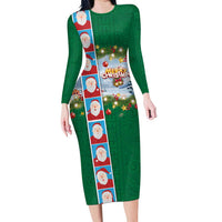 Merry Christmas Family Matching Long Sleeve Bodycon Dress and Hawaiian Shirt Funny Santa Claus Cards Photo and Polynesian Pattern Green Color LT03 Mom's Dress Green - Polynesian Pride