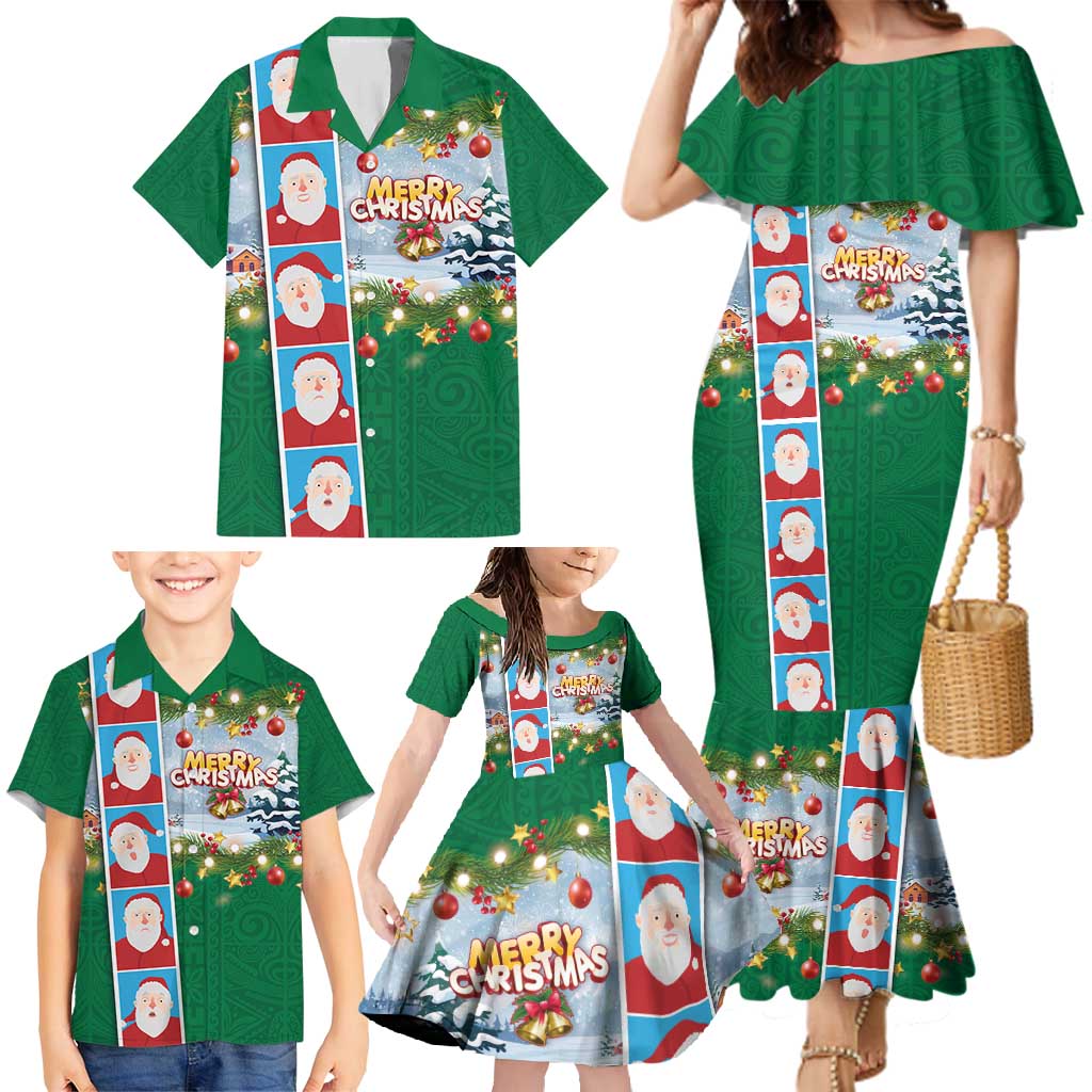 Merry Christmas Family Matching Mermaid Dress and Hawaiian Shirt Funny Santa Claus Cards Photo and Polynesian Pattern Green Color LT03 - Polynesian Pride