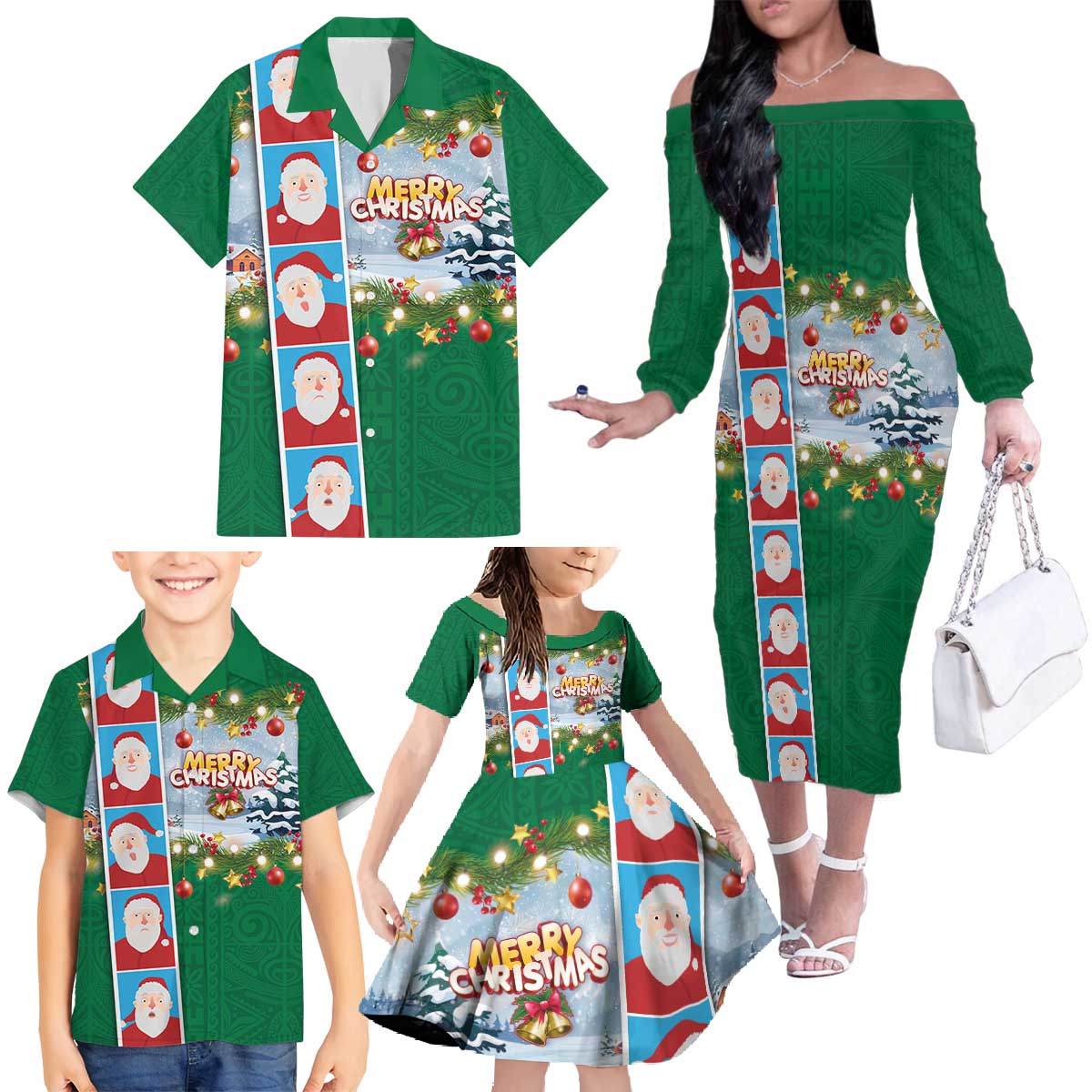 Merry Christmas Family Matching Off The Shoulder Long Sleeve Dress and Hawaiian Shirt Funny Santa Claus Cards Photo and Polynesian Pattern Green Color LT03 - Polynesian Pride
