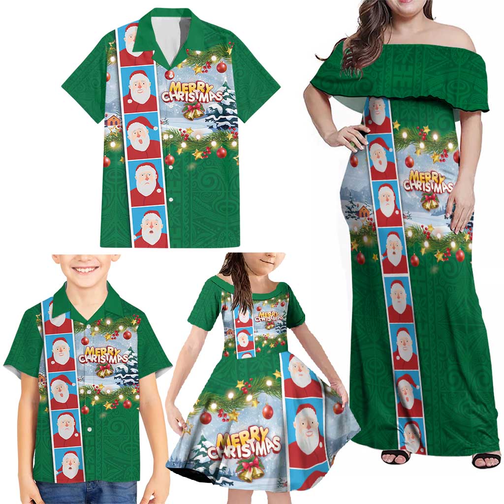 Merry Christmas Family Matching Off Shoulder Maxi Dress and Hawaiian Shirt Funny Santa Claus Cards Photo and Polynesian Pattern Green Color LT03 - Polynesian Pride