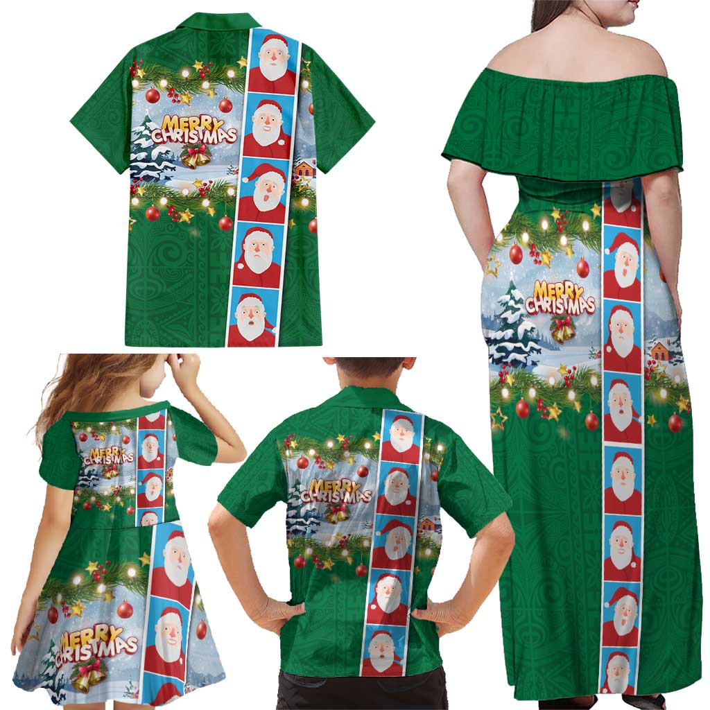 Merry Christmas Family Matching Off Shoulder Maxi Dress and Hawaiian Shirt Funny Santa Claus Cards Photo and Polynesian Pattern Green Color LT03 - Polynesian Pride