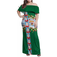 Merry Christmas Family Matching Off Shoulder Maxi Dress and Hawaiian Shirt Funny Santa Claus Cards Photo and Polynesian Pattern Green Color LT03 Mom's Dress Green - Polynesian Pride
