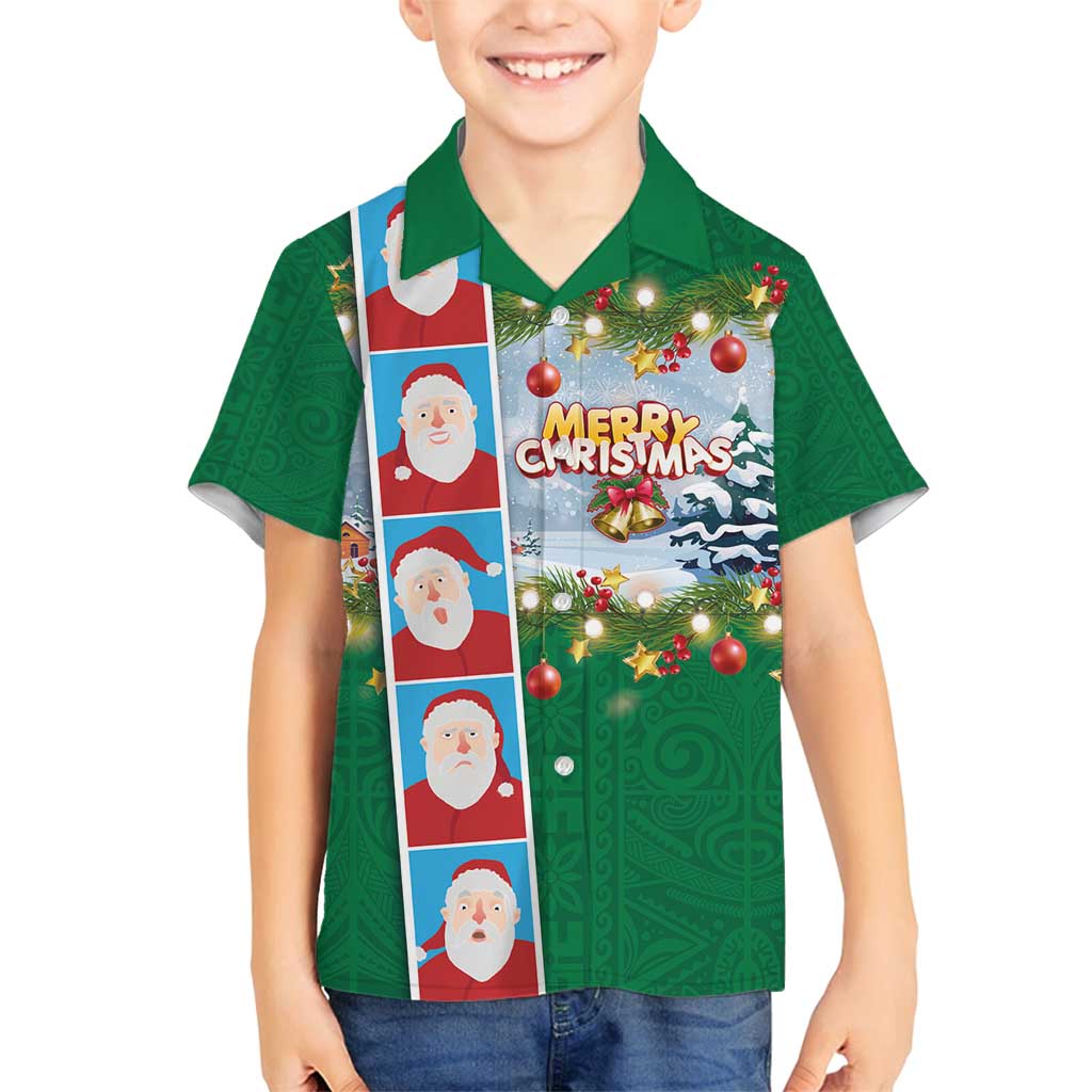 Merry Christmas Family Matching Off Shoulder Maxi Dress and Hawaiian Shirt Funny Santa Claus Cards Photo and Polynesian Pattern Green Color LT03 Son's Shirt Green - Polynesian Pride
