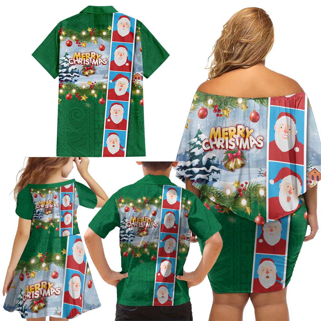 Merry Christmas Family Matching Off Shoulder Short Dress and Hawaiian Shirt Funny Santa Claus Cards Photo and Polynesian Pattern Green Color LT03 - Polynesian Pride