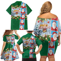 Merry Christmas Family Matching Off Shoulder Short Dress and Hawaiian Shirt Funny Santa Claus Cards Photo and Polynesian Pattern Green Color LT03 - Polynesian Pride