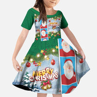 Merry Christmas Family Matching Short Sleeve Bodycon Dress and Hawaiian Shirt Funny Santa Claus Cards Photo and Polynesian Pattern Green Color LT03 Daughter's Dress Green - Polynesian Pride