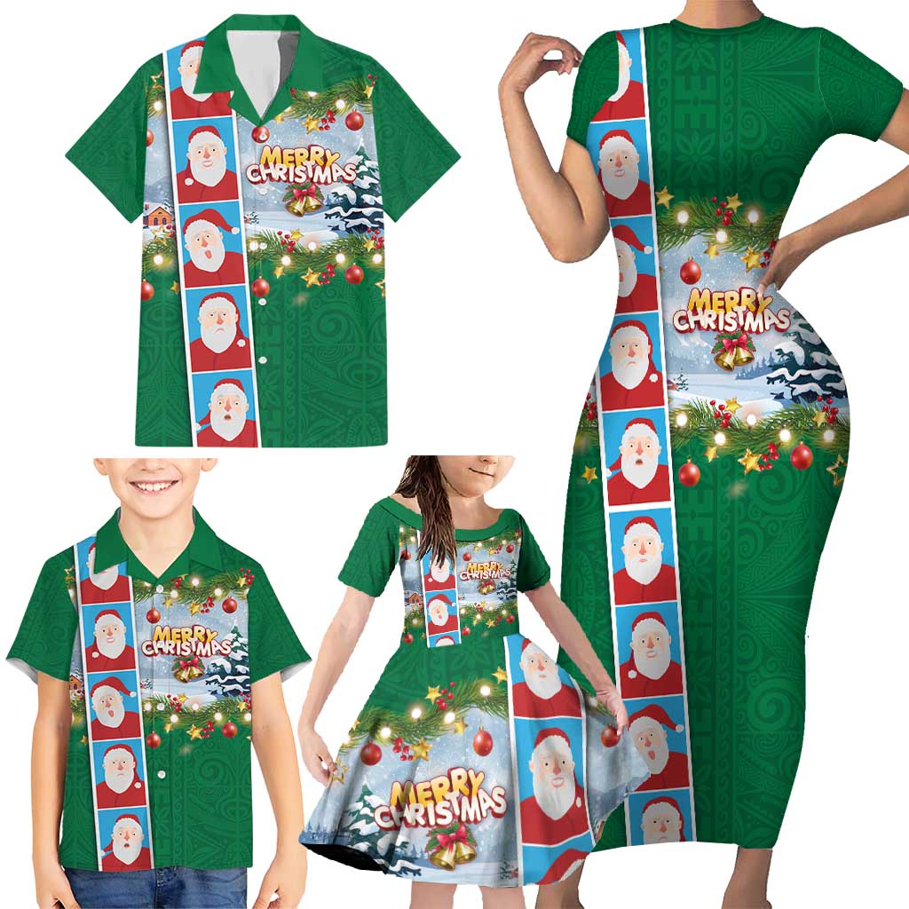 Merry Christmas Family Matching Short Sleeve Bodycon Dress and Hawaiian Shirt Funny Santa Claus Cards Photo and Polynesian Pattern Green Color LT03 - Polynesian Pride