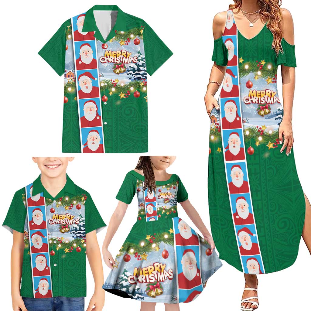 Merry Christmas Family Matching Summer Maxi Dress and Hawaiian Shirt Funny Santa Claus Cards Photo and Polynesian Pattern Green Color LT03 - Polynesian Pride
